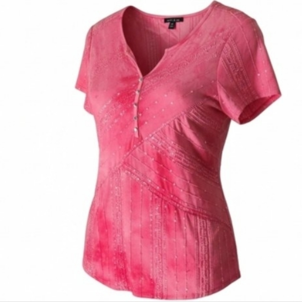 Sami & Jo Pink Acid Wash Henley V-Neck Top Boho Short Sleeve M